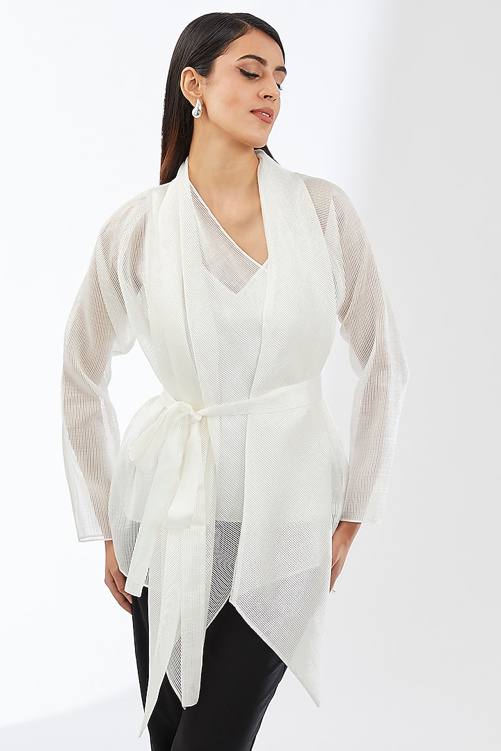 Pearl White Stripe Organza Cape Set by Amit Aggarwal at Pernia's Pop Up Shop