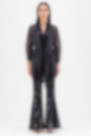 Black Ribbed Organza & Polyester Draped Shirt by Amit Aggarwal at Pernia's Pop Up Shop