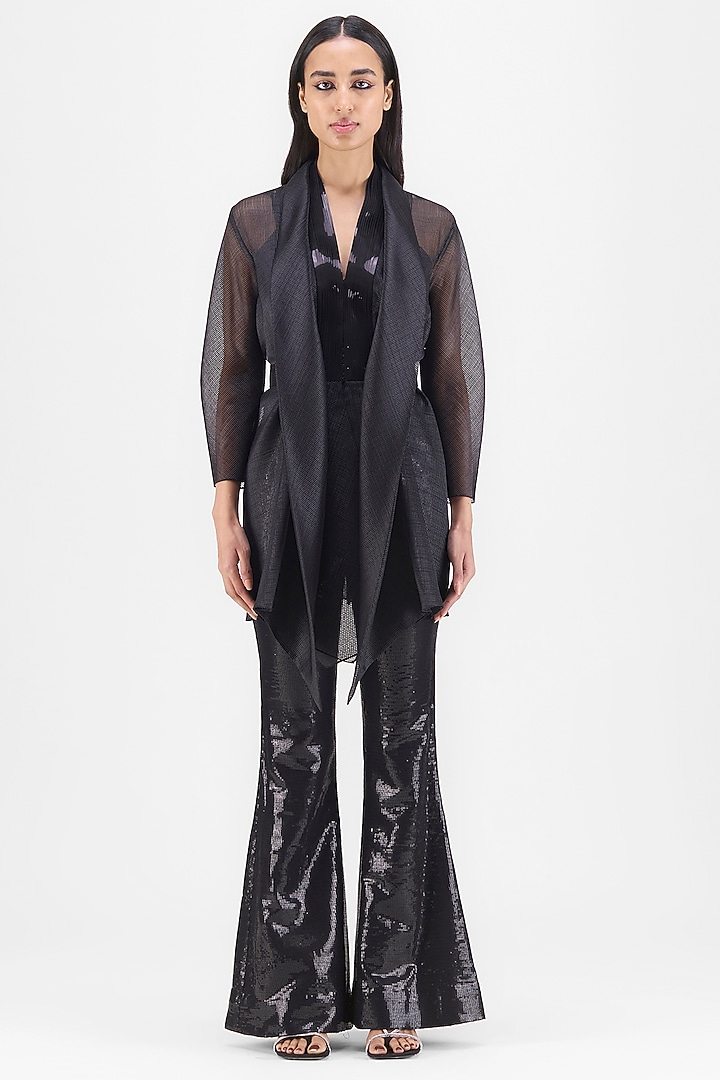 Black Ribbed Organza & Polyester Draped Shirt by Amit Aggarwal at Pernia's Pop Up Shop