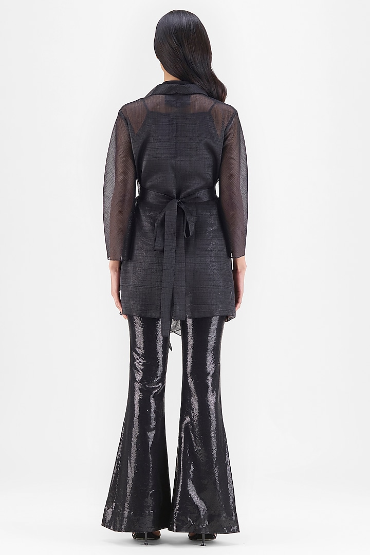 Black Ribbed Organza & Polyester Draped Shirt by Amit Aggarwal at Pernia's Pop Up Shop