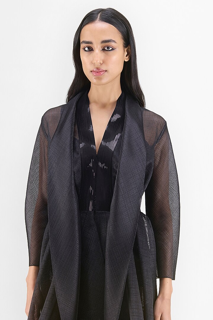 Black Ribbed Organza & Polyester Draped Shirt by Amit Aggarwal at Pernia's Pop Up Shop