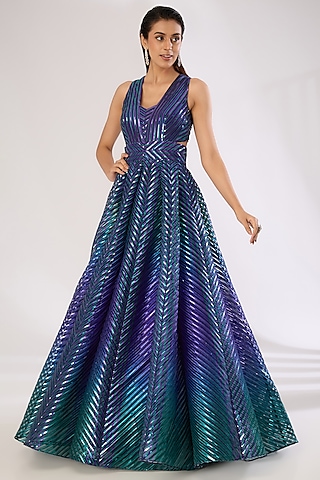 Emerald Green & Purple Metallic Polymer Gown by Amit Aggarwal