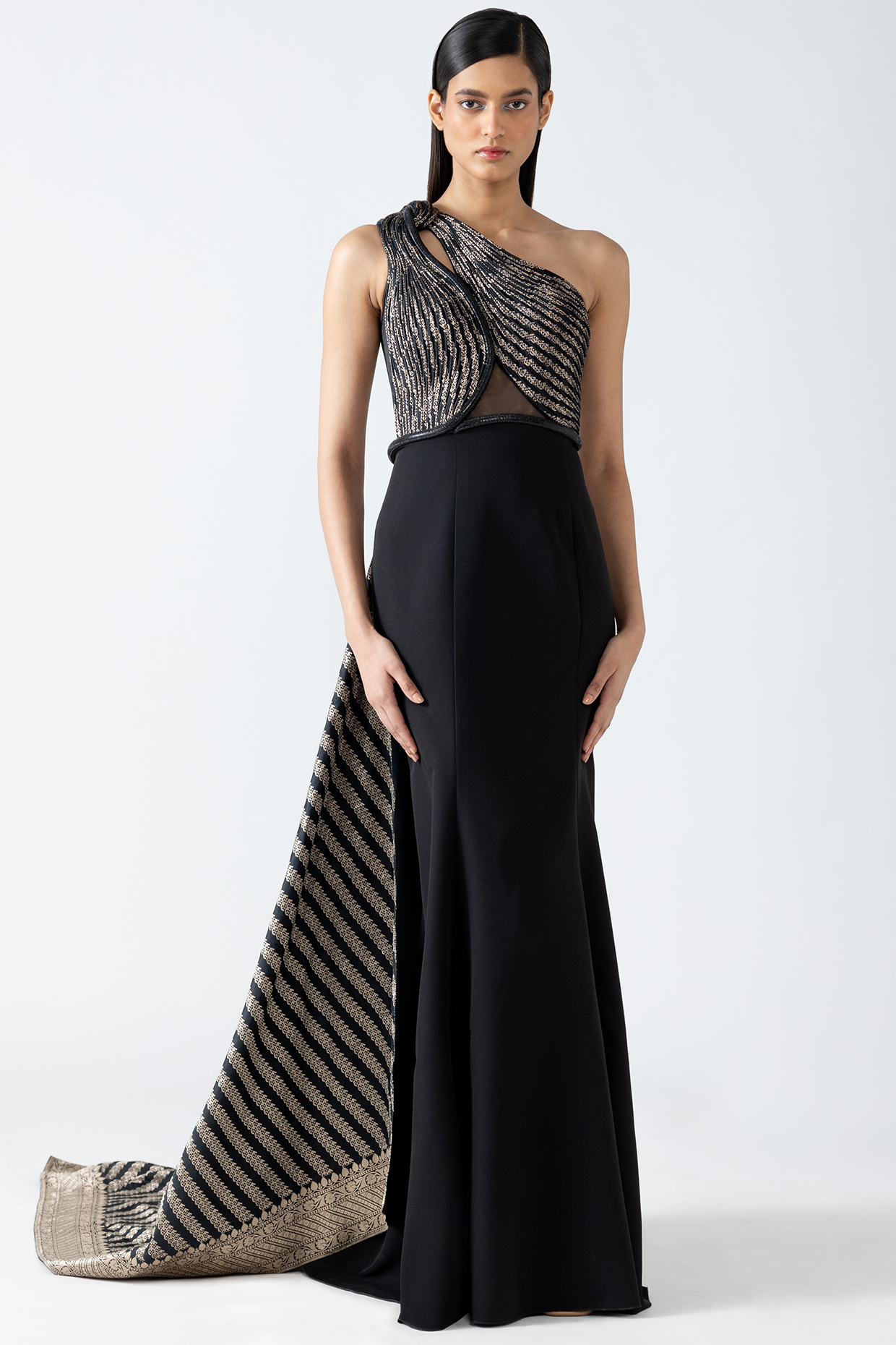 Onyx Banarasi Moulded Gown With Drape by Amit Aggarwal at Pernia's Pop Up Shop