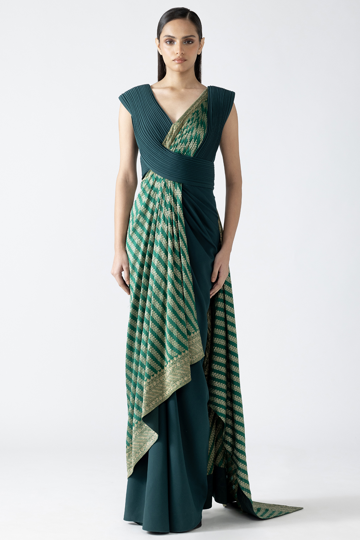 Emerald Banarasi Moulded Bridal Gown Saree by Amit Aggarwal at Pernia's Pop Up Shop
