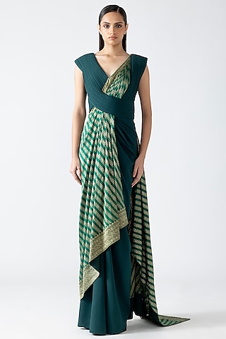 Emerald Banarasi Moulded Gown Saree by Amit Aggarwal