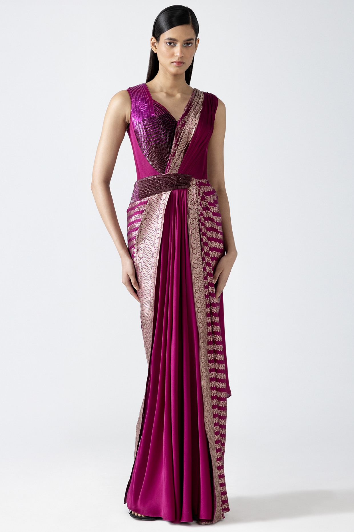 Fuchsia Banarasi Structured Bridal Gown Saree by Amit Aggarwal at Pernia's Pop Up Shop