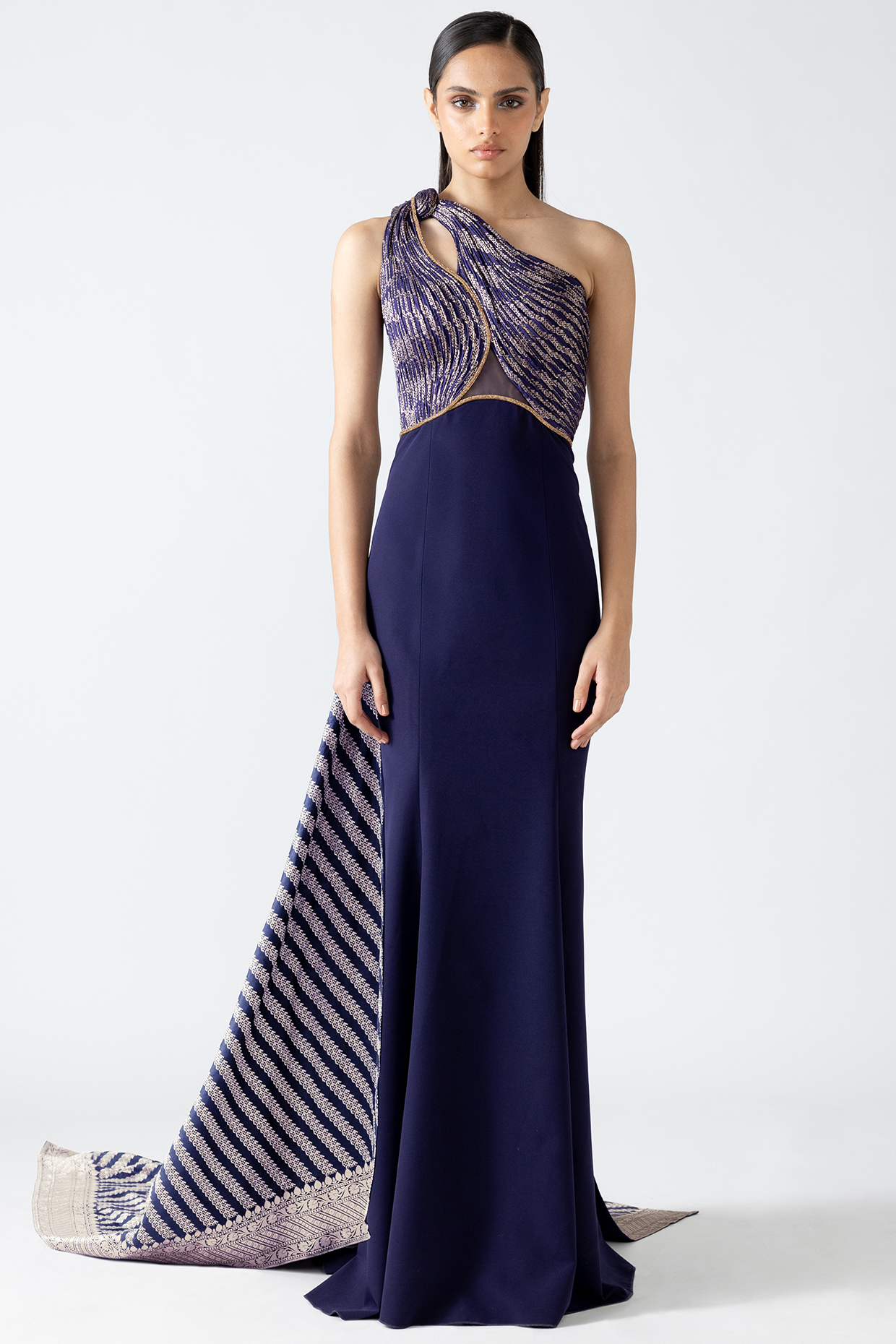 Cosmos Banarasi & Banana Crepe Moulded Fishtail Gown With Drape by Amit Aggarwal at Pernia's Pop Up Shop