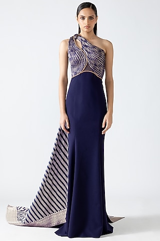 Cosmos Banarasi & Banana Crepe Moulded Fishtail Gown With Drape by Amit Aggarwal