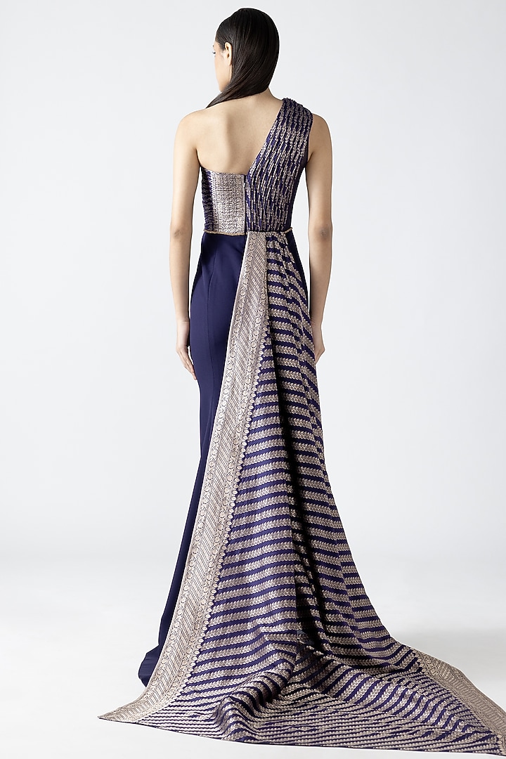 Cosmos Banarasi & Banana Crepe Moulded Fishtail Gown With Drape by Amit Aggarwal at Pernia's Pop Up Shop