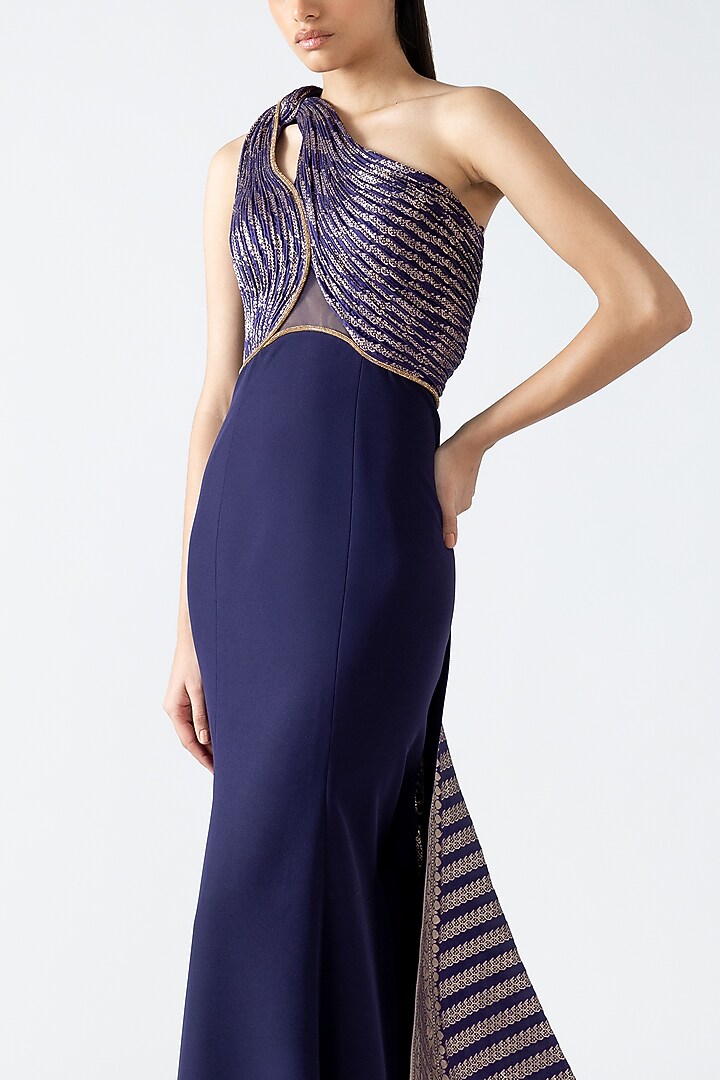 Cosmos Banarasi & Banana Crepe Moulded Fishtail Gown With Drape by Amit Aggarwal at Pernia's Pop Up Shop