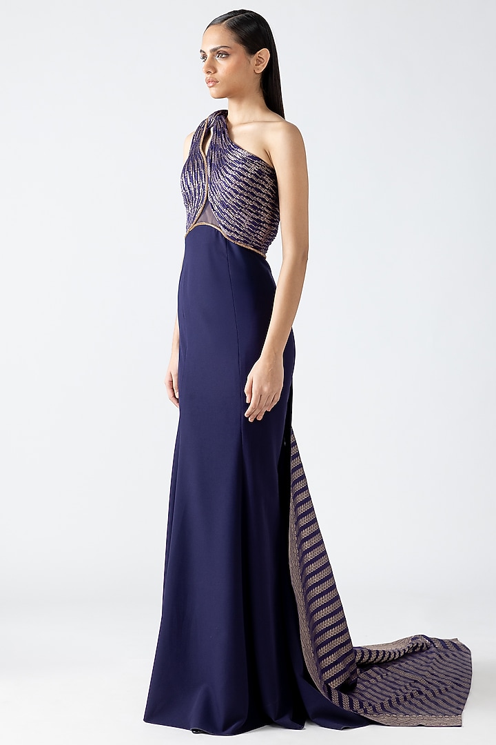 Cosmos Banarasi & Banana Crepe Moulded Fishtail Gown With Drape by Amit Aggarwal at Pernia's Pop Up Shop