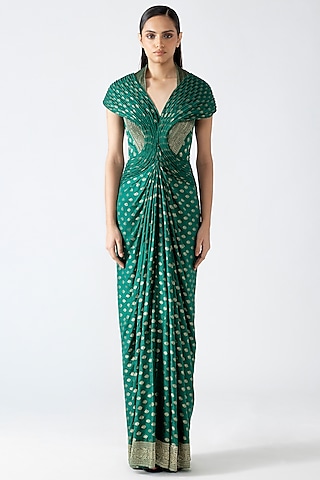 Emerald Banarasi Micro Pleated Moulded Gown Saree by Amit Aggarwal