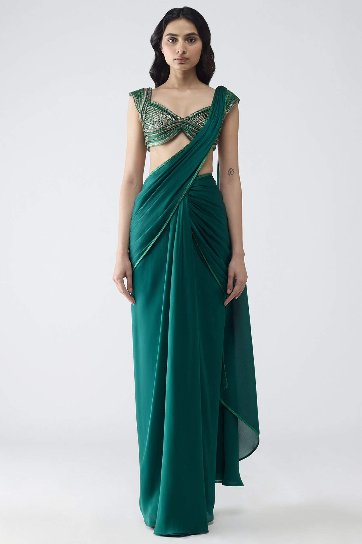 Emerald Satin Chiffon Draped Reception Saree Set by Amit Aggarwal at Pernia's Pop Up Shop