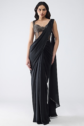 Onyx Satin Chiffon Draped Saree Set by Amit Aggarwal