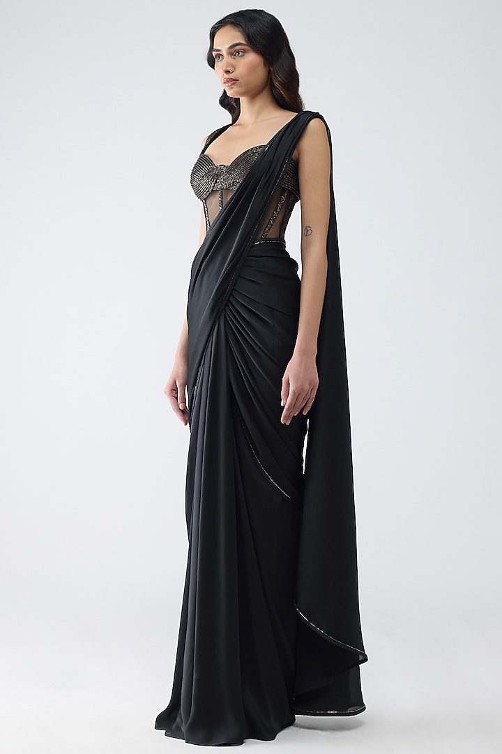 Onyx Satin Chiffon Draped Reception Saree Set by Amit Aggarwal at Pernia's Pop Up Shop