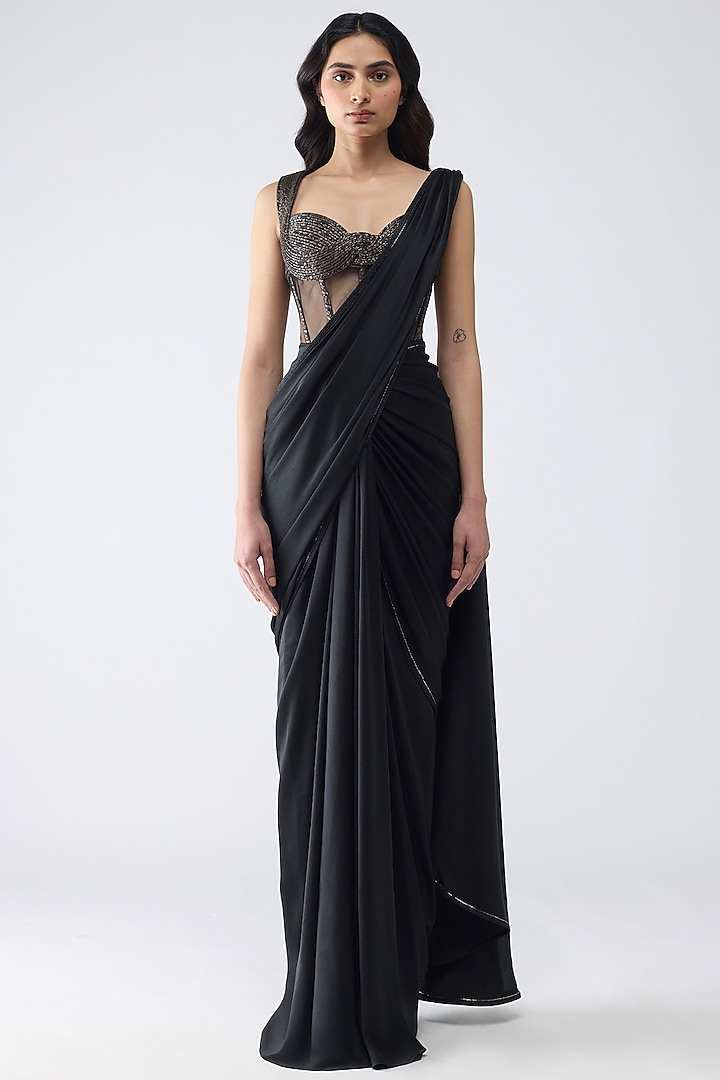 Onyx Satin Chiffon Draped Reception Saree Set by Amit Aggarwal at Pernia's Pop Up Shop
