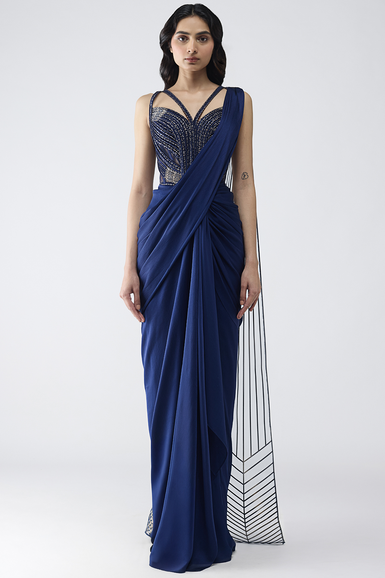 Cosmos Satin Chiffon & Butterfly Net Draped Reception Saree Set by Amit Aggarwal at Pernia's Pop Up Shop