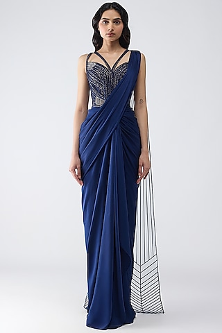 Cosmos Satin Chiffon & Butterfly Net Draped Saree Set by Amit Aggarwal