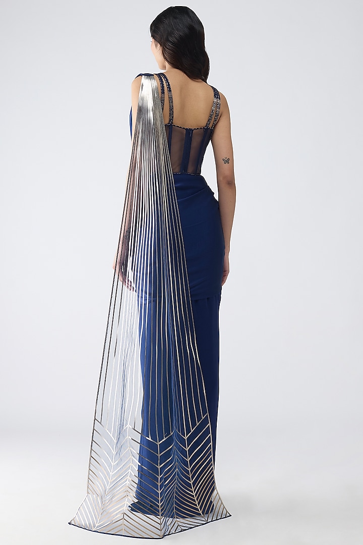 Cosmos Satin Chiffon & Butterfly Net Draped Reception Saree Set by Amit Aggarwal at Pernia's Pop Up Shop