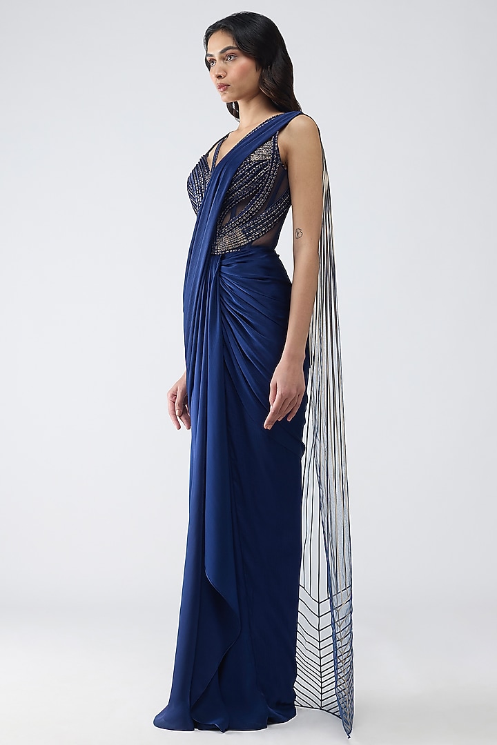 Cosmos Satin Chiffon & Butterfly Net Draped Reception Saree Set by Amit Aggarwal at Pernia's Pop Up Shop