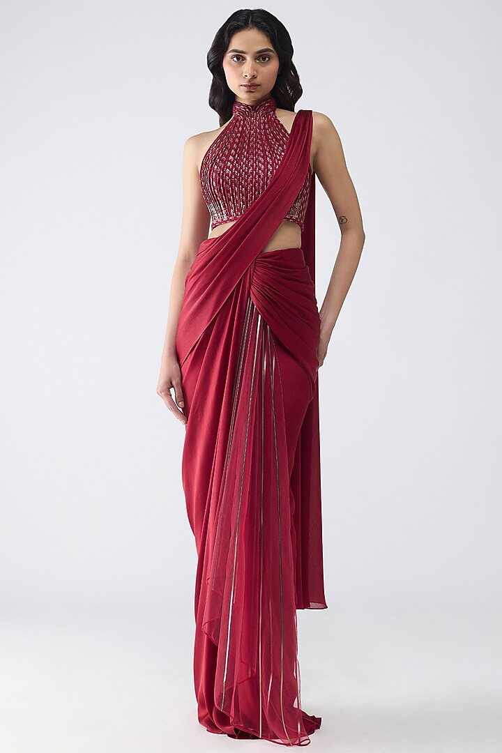 Magma Satin Chiffon Draped Reception Saree Set by Amit Aggarwal at Pernia's Pop Up Shop