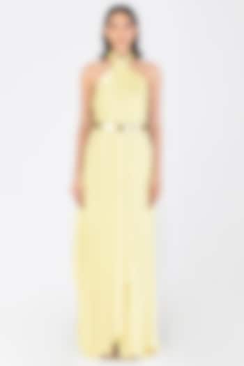 Butter Yellow Metallic Satin Chiffon Halter Fluid Cocktail Dress by Amit Aggarwal at Pernia's Pop Up Shop