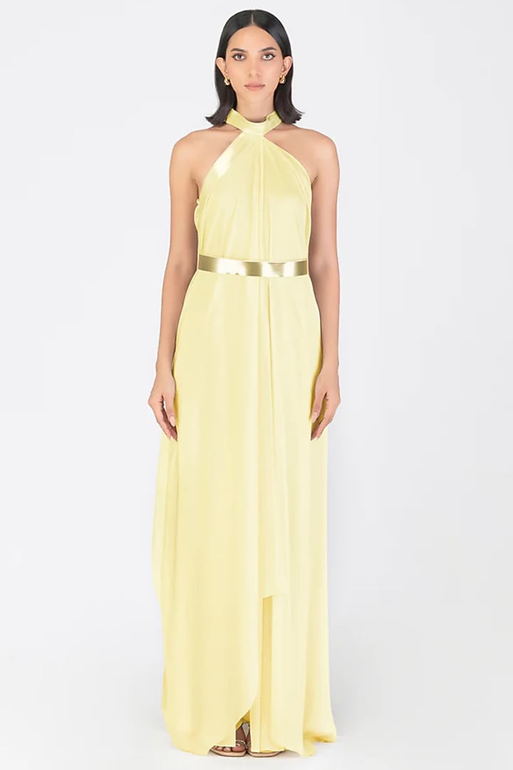 Butter Yellow Metallic Satin Chiffon Halter Fluid Cocktail Dress by Amit Aggarwal at Pernia's Pop Up Shop