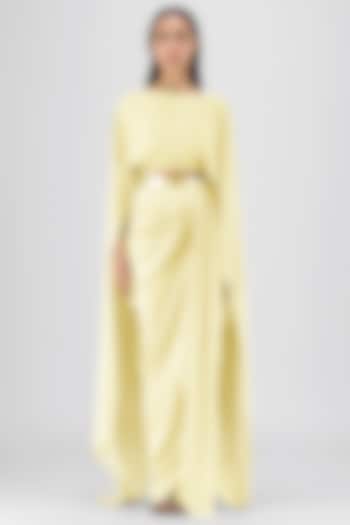 Butter Yellow Metallic Satin Chiffon Skirt Set by Amit Aggarwal at Pernia's Pop Up Shop