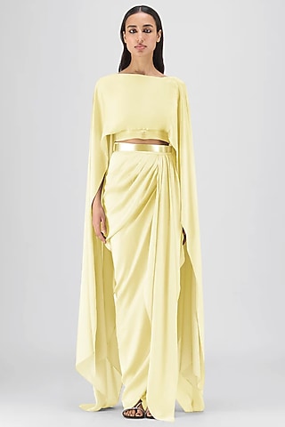 Butter Yellow Metallic Satin Chiffon Skirt Set by Amit Aggarwal