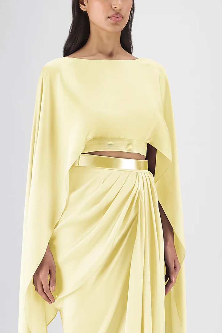 Butter Yellow Metallic Satin Chiffon Skirt Set by Amit Aggarwal at Pernia's Pop Up Shop