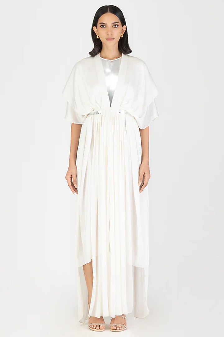 Ivory Satin Chiffon Pleated Layered Cocktail Dress by Amit Aggarwal at Pernia's Pop Up Shop
