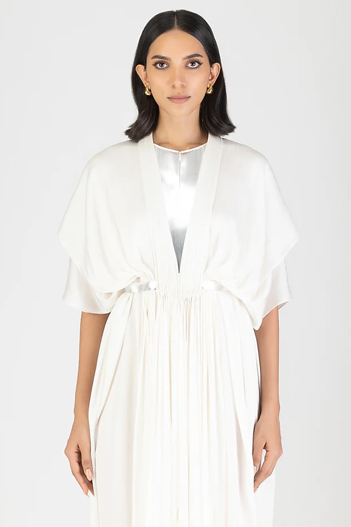 Ivory Satin Chiffon Pleated Layered Cocktail Dress by Amit Aggarwal at Pernia's Pop Up Shop