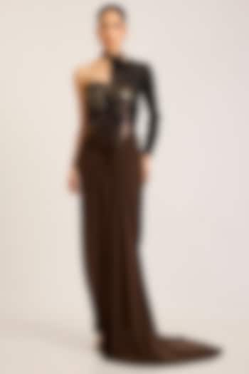 Chocolate Brown Satin Chiffon Trail Wedding Gown by Amit Aggarwal at Pernia's Pop Up Shop