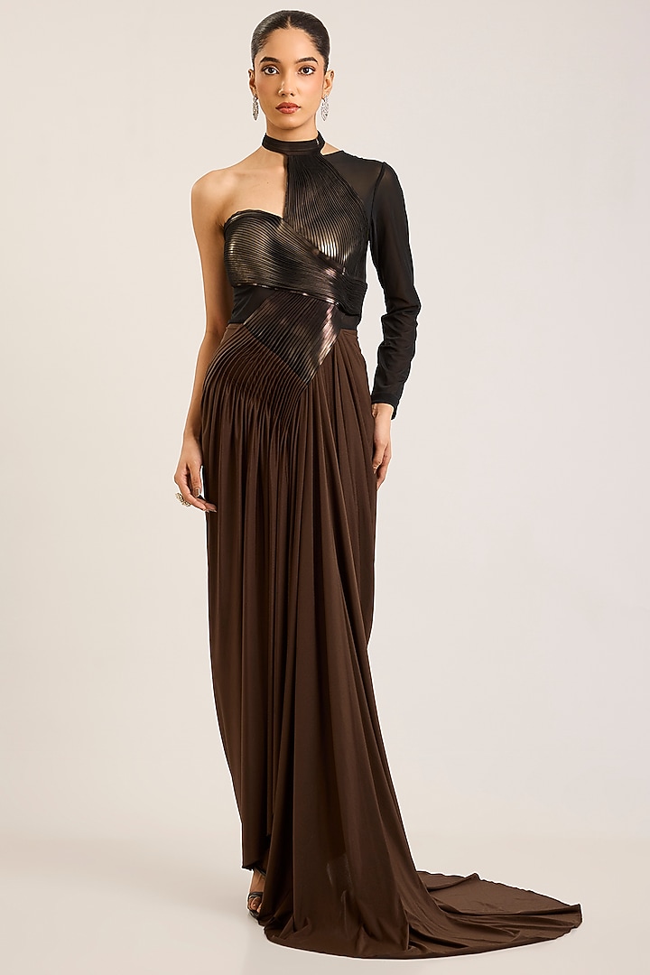 Chocolate Brown Satin Chiffon Trail Wedding Gown by Amit Aggarwal at Pernia's Pop Up Shop