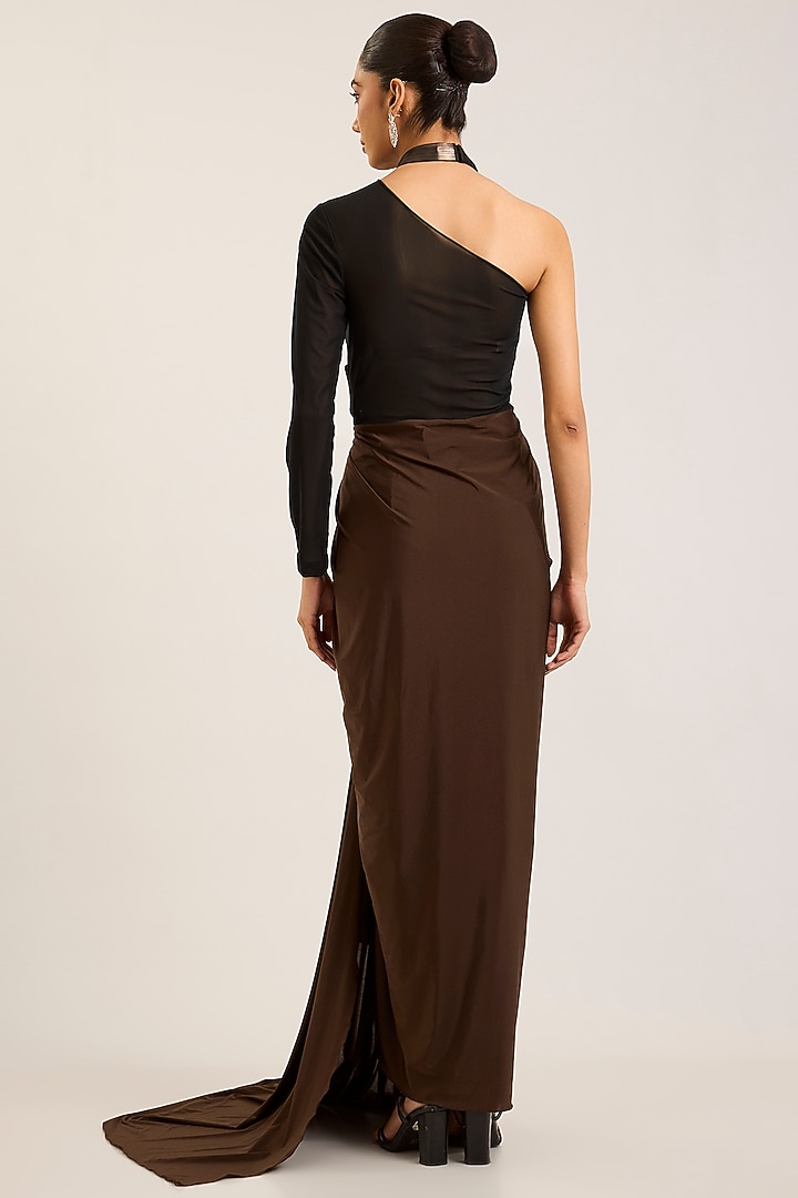 Chocolate Brown Satin Chiffon Trail Wedding Gown by Amit Aggarwal at Pernia's Pop Up Shop