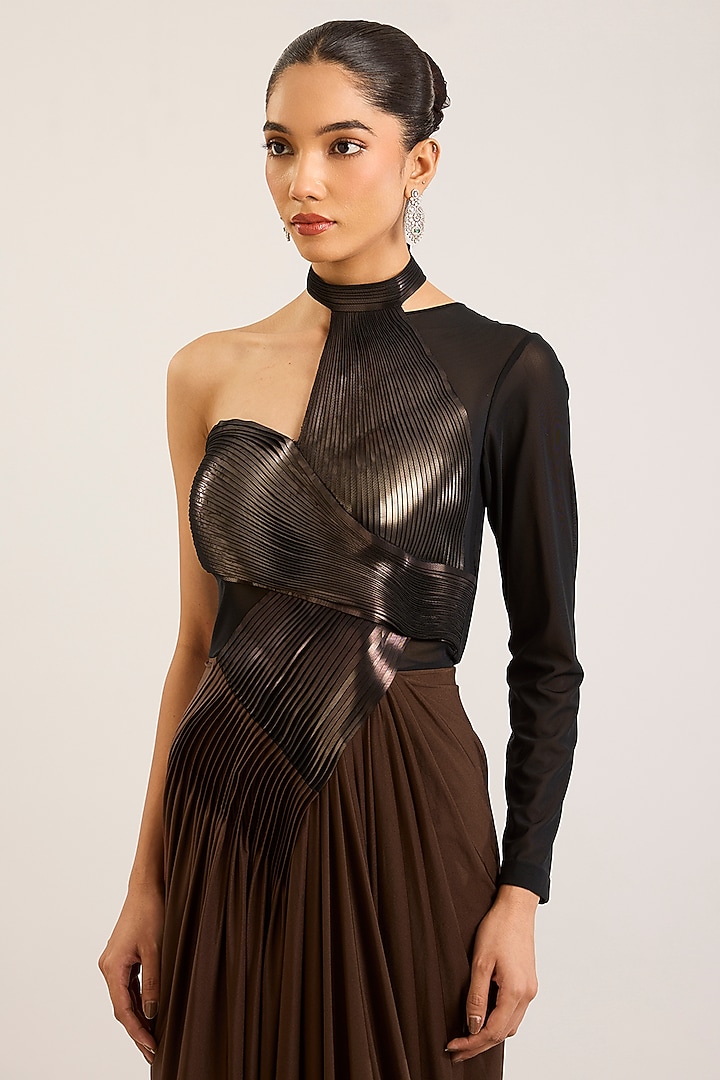 Chocolate Brown Satin Chiffon Trail Wedding Gown by Amit Aggarwal at Pernia's Pop Up Shop