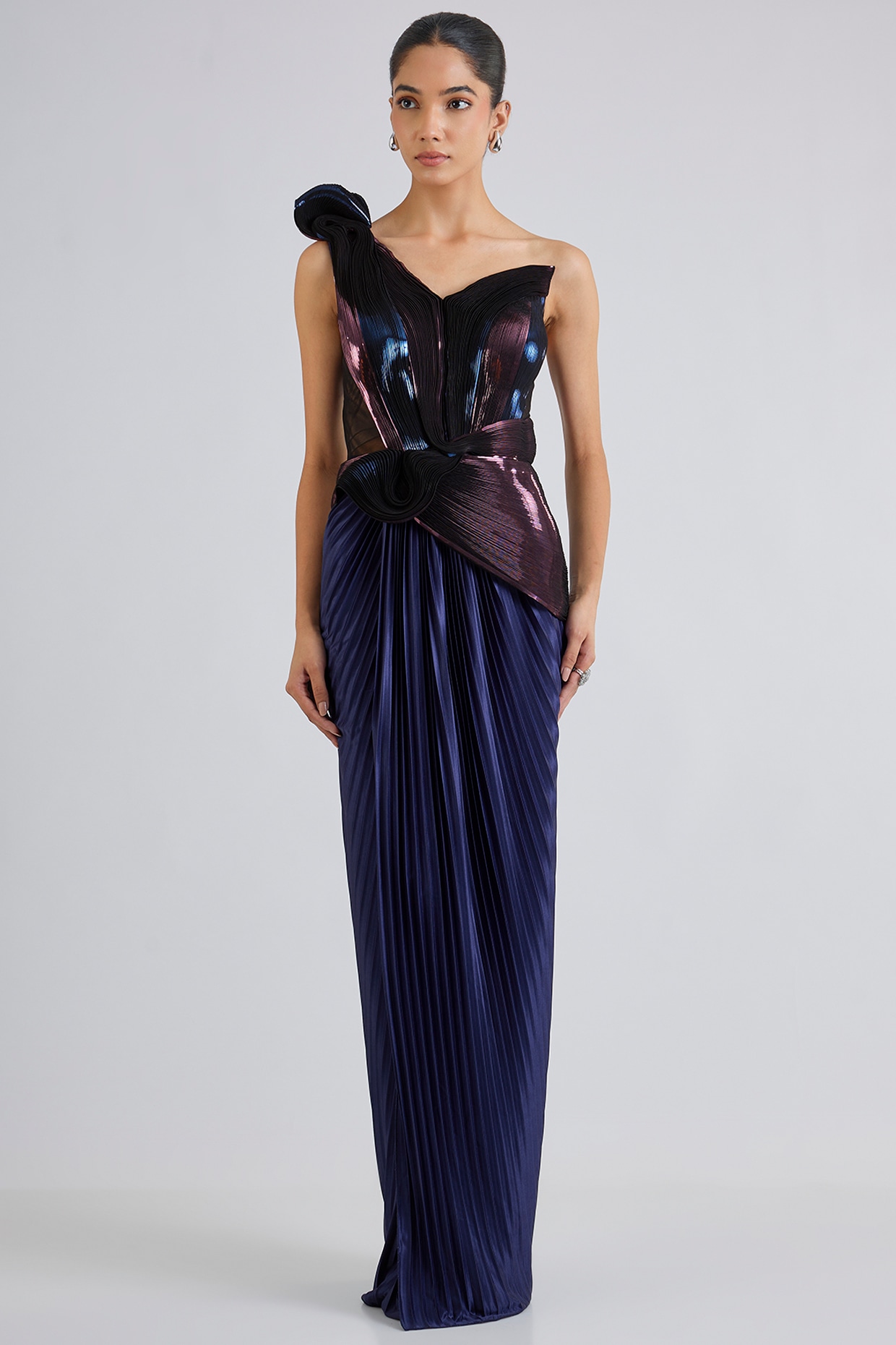 Amit Aggarwal Cosmos Blue Mineral Jersey Off-Shoulder Draped Gown