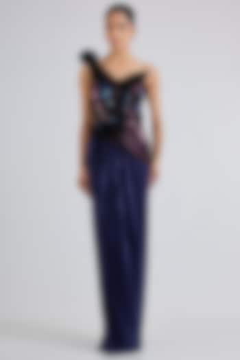 Cosmos Blue Mineral Jersey Off-Shoulder Draped Wedding Gown by Amit Aggarwal at Pernia's Pop Up Shop