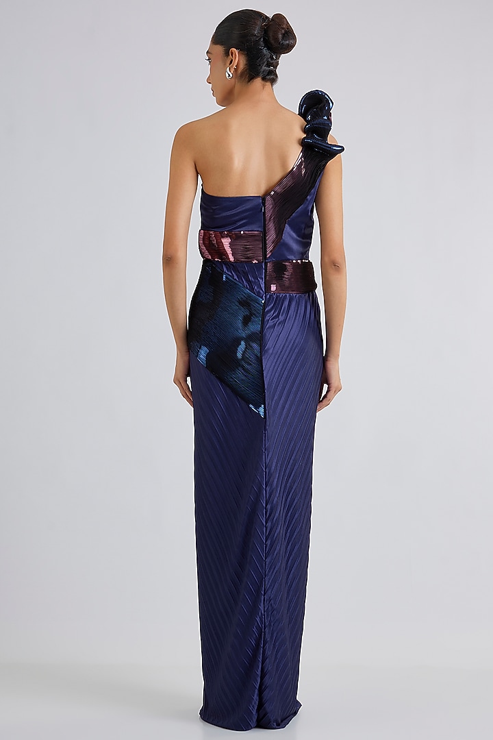 Cosmos Blue Mineral Jersey Off-Shoulder Draped Wedding Gown by Amit Aggarwal at Pernia's Pop Up Shop