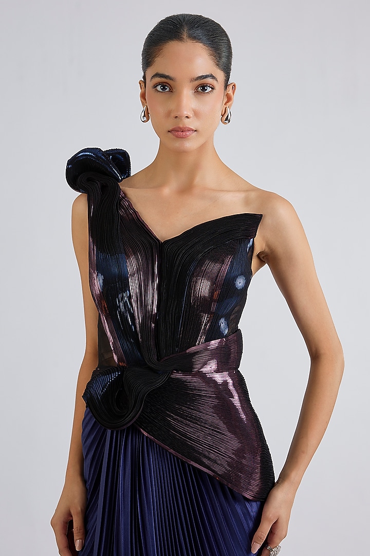 Cosmos Blue Mineral Jersey Off-Shoulder Draped Wedding Gown by Amit Aggarwal at Pernia's Pop Up Shop