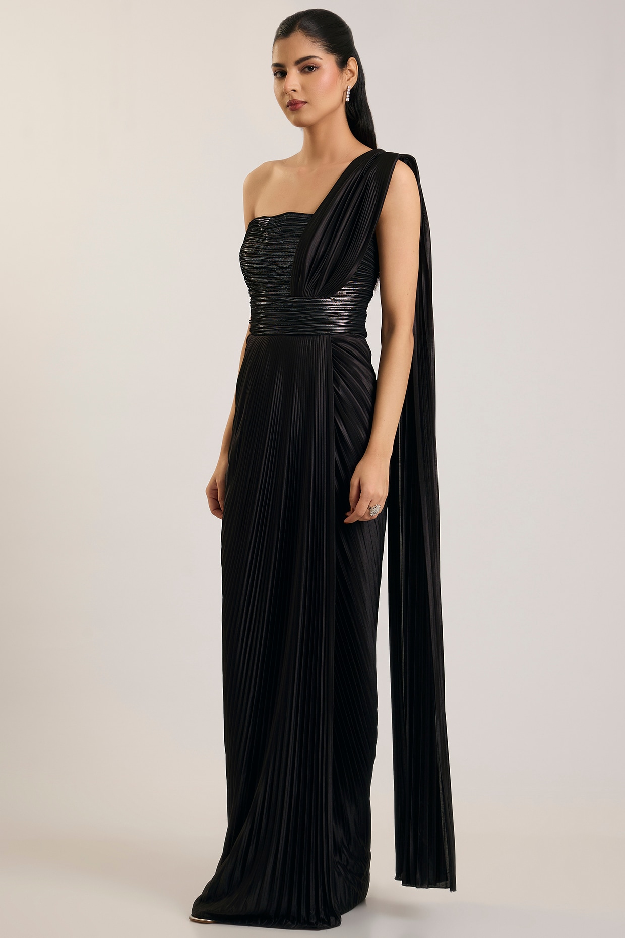 Amit Aggarwal Onyx Black Balloon Jersey Gown Saree