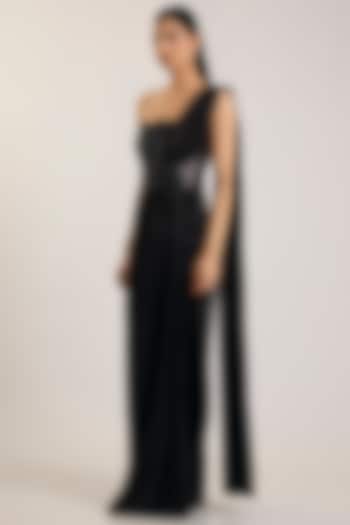 Onyx Black Balloon Jersey Reception Gown Saree by Amit Aggarwal at Pernia's Pop Up Shop