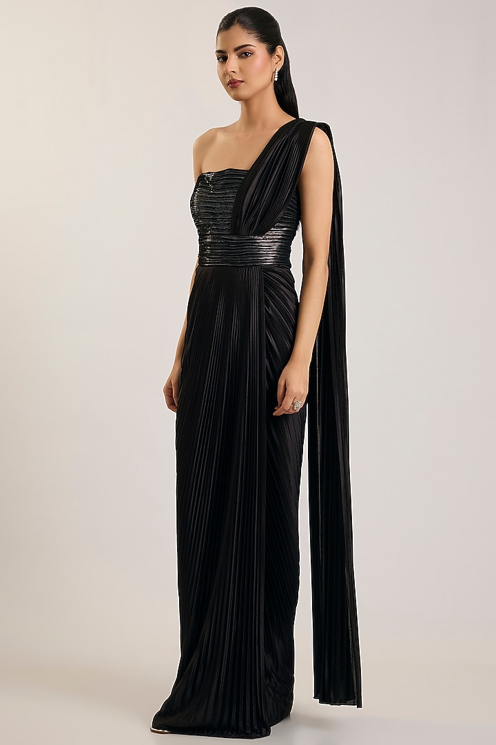 Onyx Black Balloon Jersey Reception Gown Saree by Amit Aggarwal at Pernia's Pop Up Shop