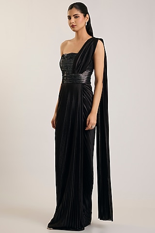 Onyx Black Balloon Jersey Gown Saree by Amit Aggarwal