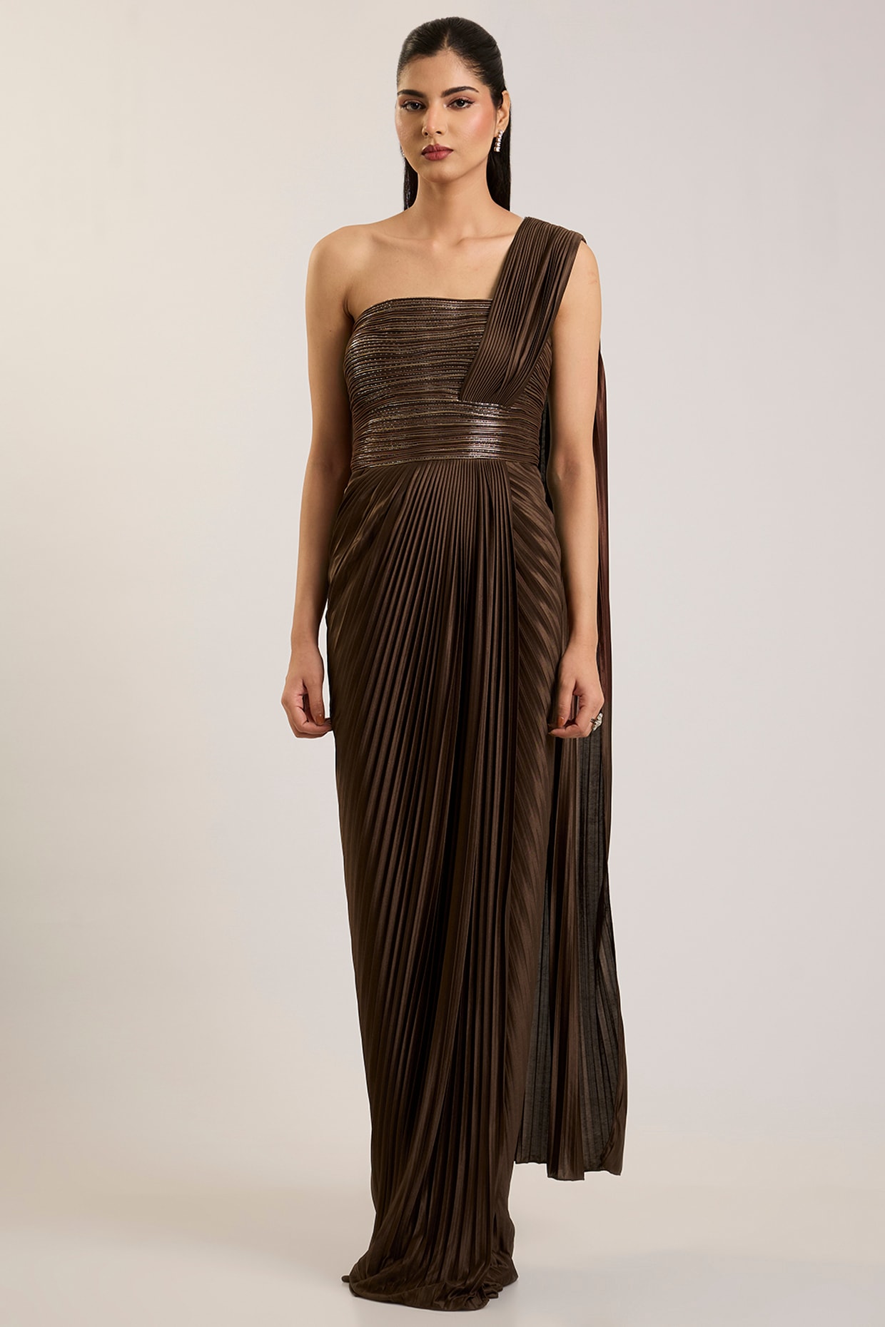 Amit Aggarwal Chocolate Brown Balloon Jersey Gown Saree