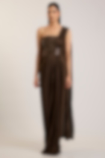 Chocolate Brown Balloon Jersey Reception Gown Saree by Amit Aggarwal at Pernia's Pop Up Shop