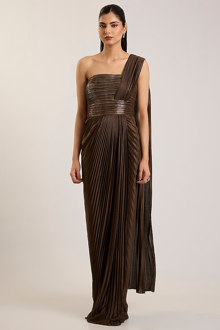 Chocolate Brown Balloon Jersey Reception Gown Saree by Amit Aggarwal at Pernia's Pop Up Shop