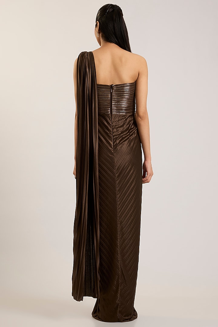 Chocolate Brown Balloon Jersey Reception Gown Saree by Amit Aggarwal at Pernia's Pop Up Shop