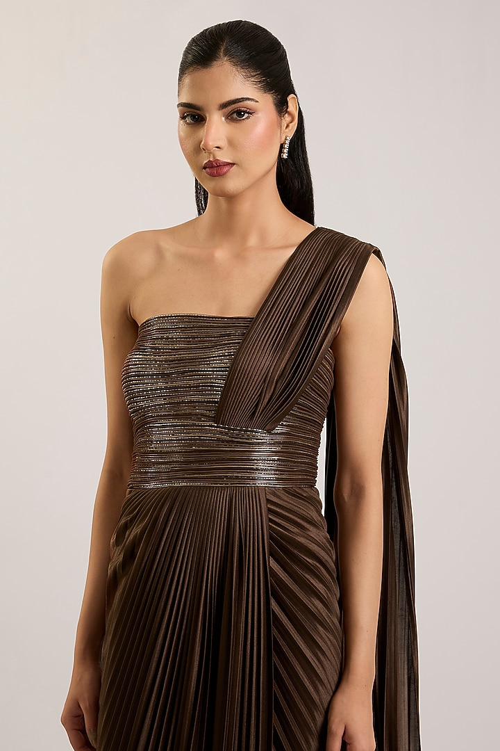 Chocolate Brown Balloon Jersey Reception Gown Saree by Amit Aggarwal at Pernia's Pop Up Shop