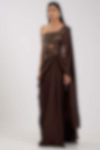 Chocolate Brown Satin Chiffon Reception Gown Saree by Amit Aggarwal at Pernia's Pop Up Shop